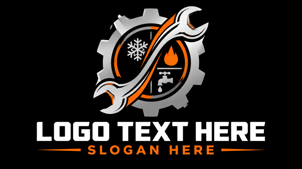Logo design template for engineering maintenance and electromechanical HVAC services with industrial gears and bidirectional wrenches on a pure black background
