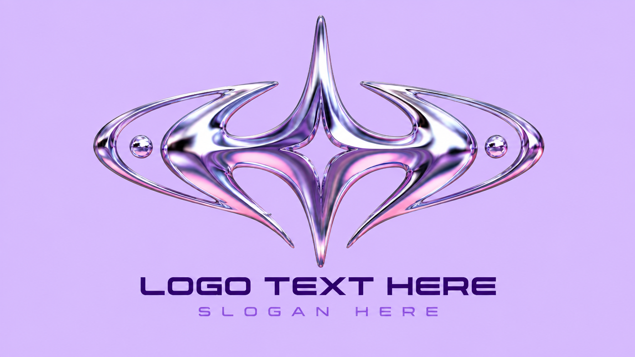 alt="淡紫色背景上的Y2K先锋液态水银镀铬流体字母立体3D Logo设计模板"
