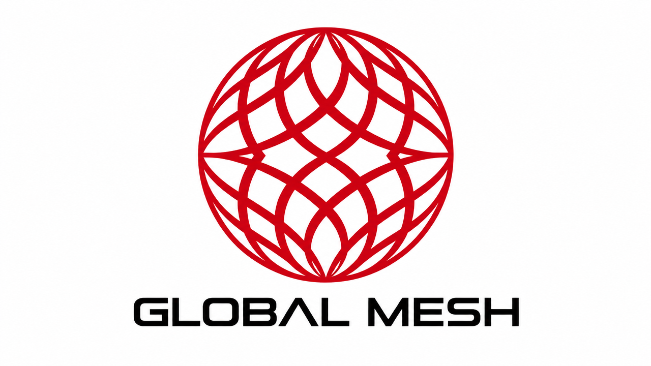 A minimalist circular Logo design with Chinese red interwoven symmetrical lines of longitude and latitude on a pure white background.