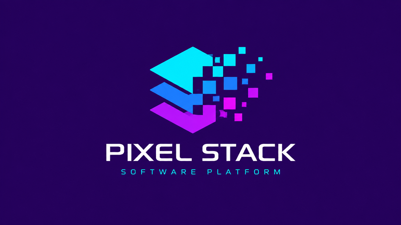 Pixel-digitized particle blocks on a deep purple background dissipate the minimalist Logo design of IT software