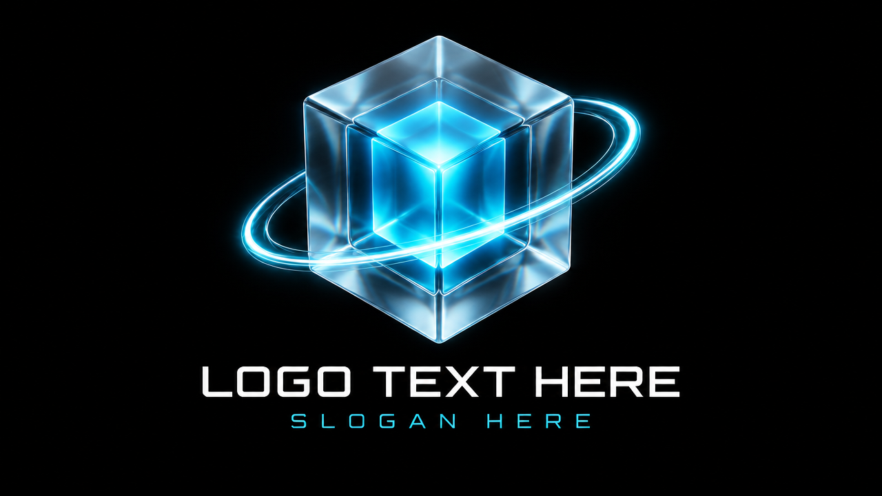 alt="纯黑底色上的全息发光磨砂光学玻璃立方体Web3与量子科技3D立体Logo设计"
