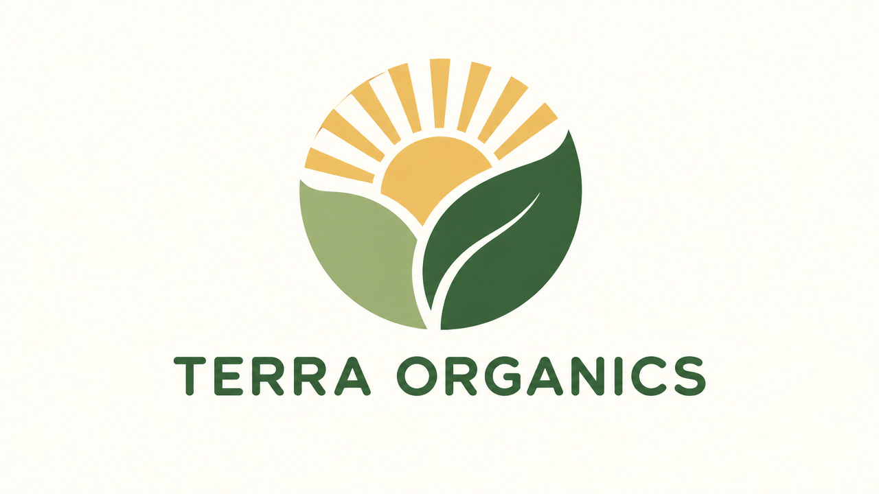 The Logo design of an organic, eco-friendly and ecological company features a minimalist sage green leaf on a light beige background that blends with the rising sun.