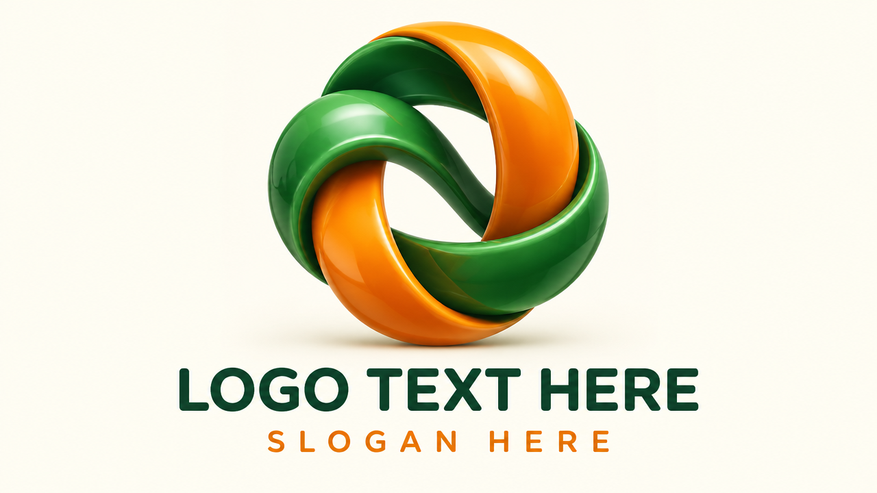 alt="浅米白背景上的绿橙双色立体扭转缎带新能源与生物科技3D Logo设计"