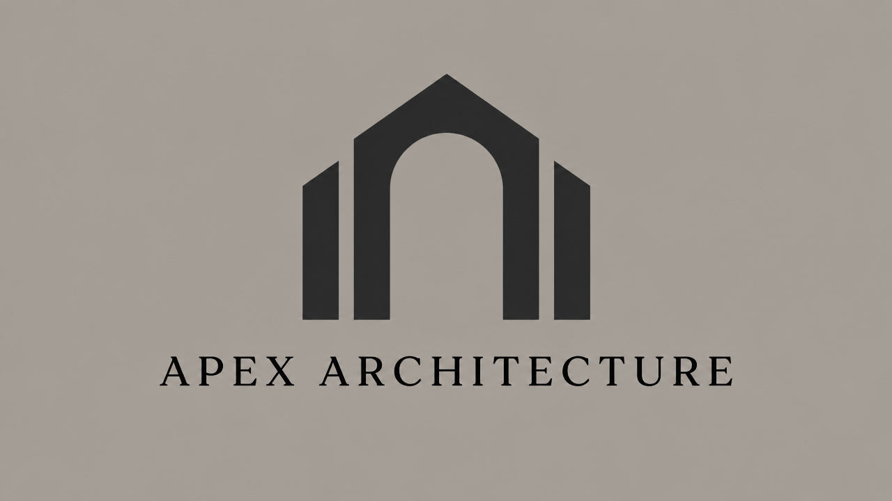 The minimalist geometric architectural space with arches and cantilevered roofs on a warm grey background. The Logo design of the real estate company