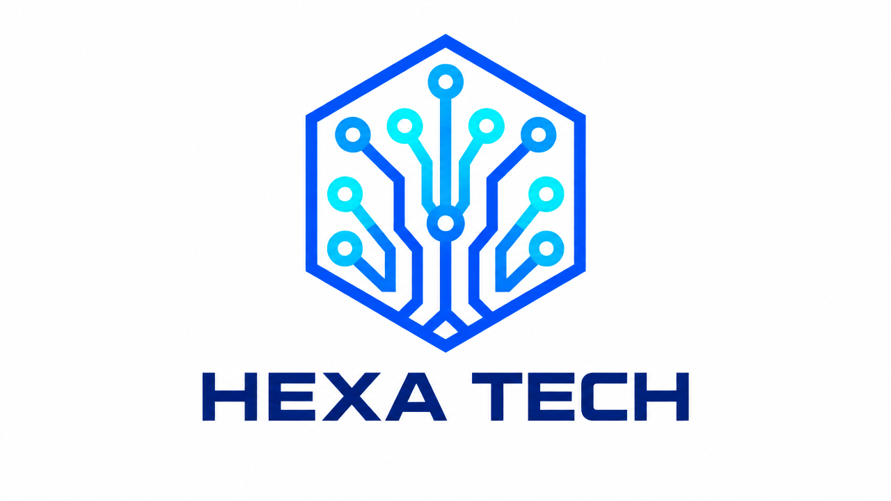 Minimalist hexagonal circuit traces and chips on a pure white background, simple Logo design of an IT company