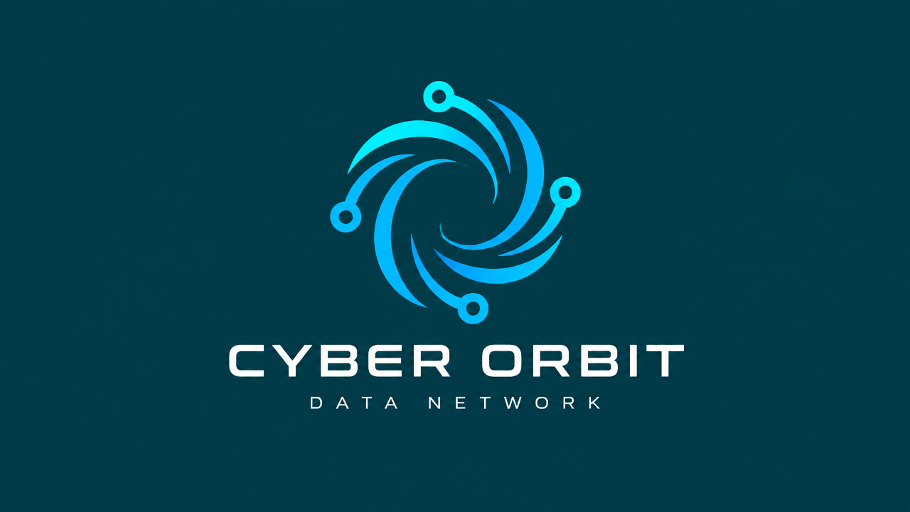 A simple IT technology Logo design featuring a rotating ring on a dark cyan background, data flow and circuit nodes