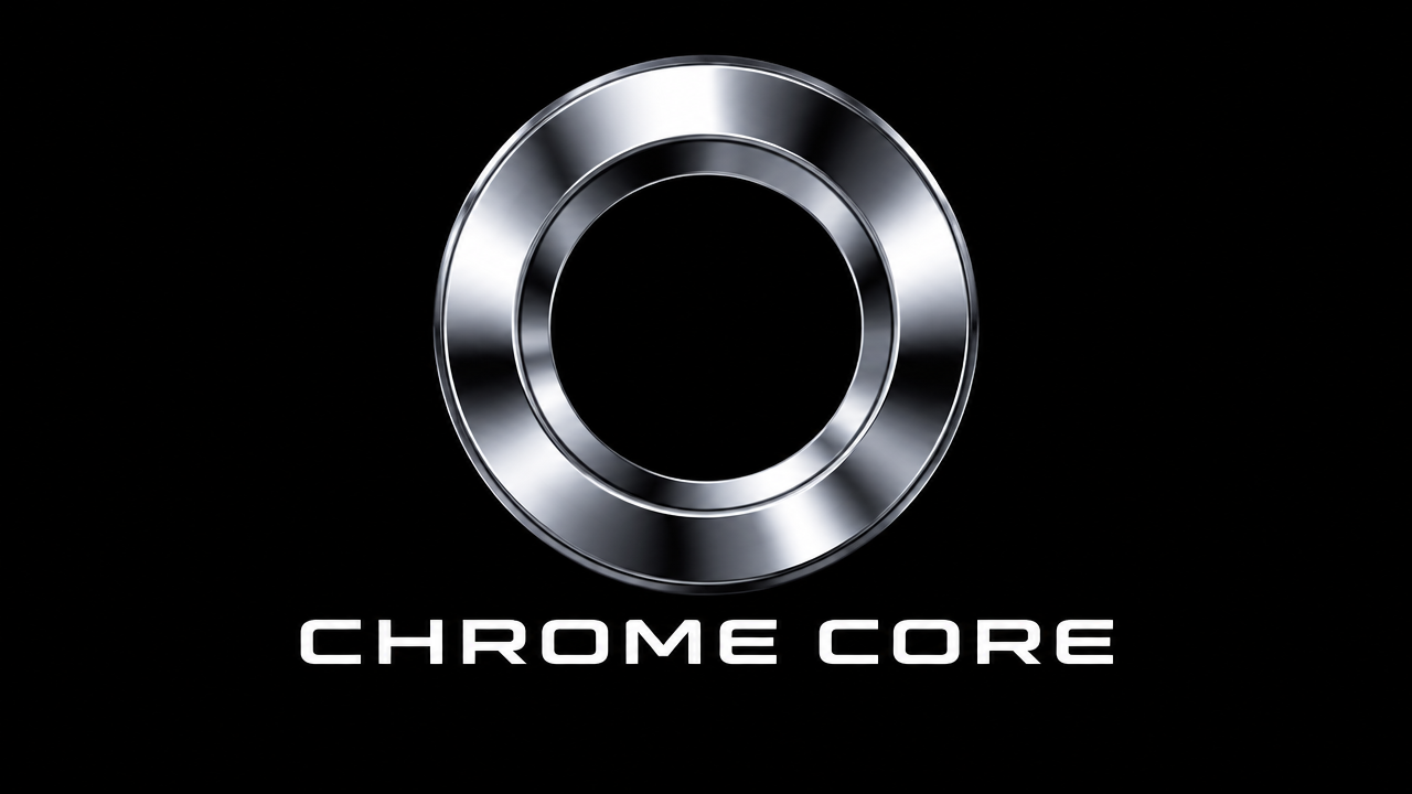 A minimalist metal chrome silver chamfered thick ring high-tech circular Logo design on a pure black background