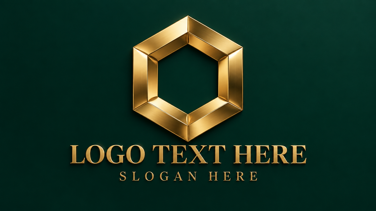 alt="深青绿底色卡片上的18K黄金切面六边形奢华金融珠宝3D立体Logo设计"