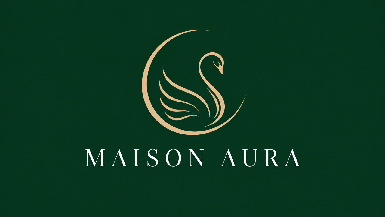 The Logo design of a high-end fashion and beauty brand featuring a minimalist champagne gold fine-line swan and crescent moon on a dark green background