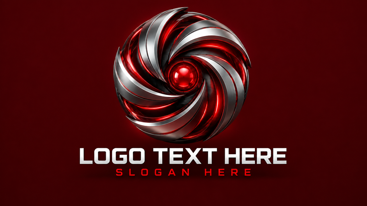 alt="深酒红底色卡片上的电竞游戏3D流体金属旋转能量球立体Logo设计模板"