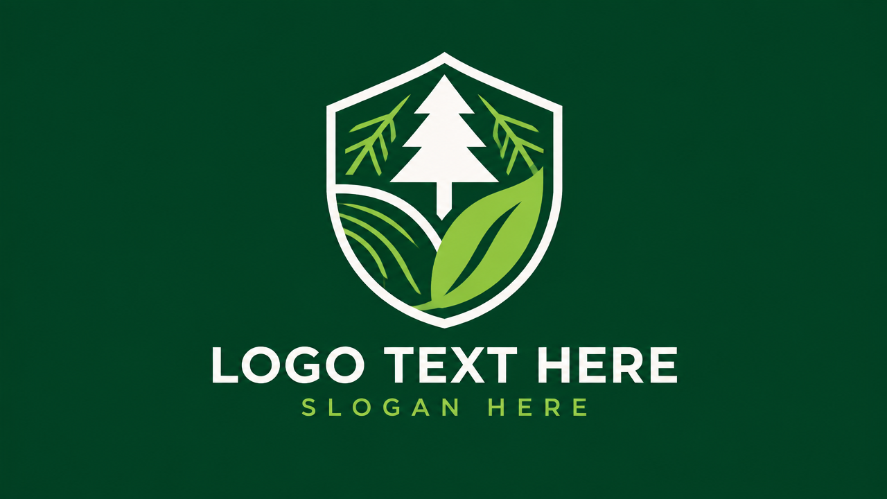Geometric pine needles and leaf shield emblem on a dark green background. Logo design template for a landscape and courtyard greening service company