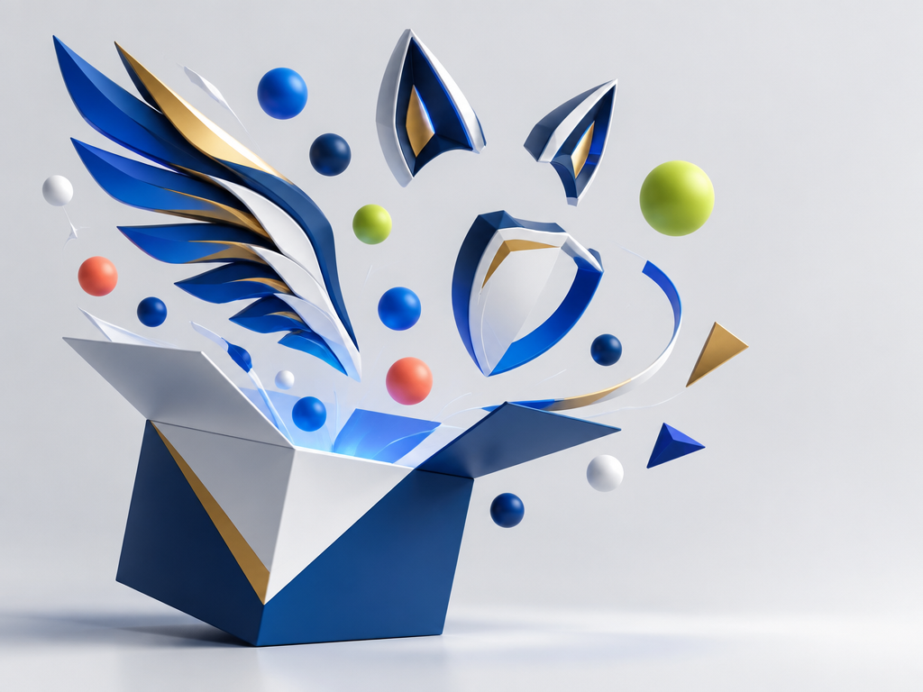 The matte geometric blind box deconstructs and reveals a 3D minimalist concept drawing of several eagle wings, shield frames and colorful parts, symbolizing the breaking of the creative bottleneck in the team Logo design.