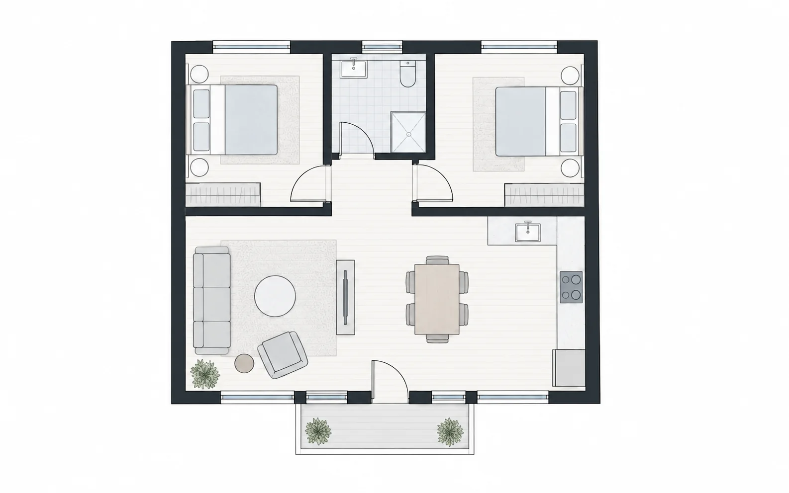 Illustrative two-bedroom apartment plan before a layout edit