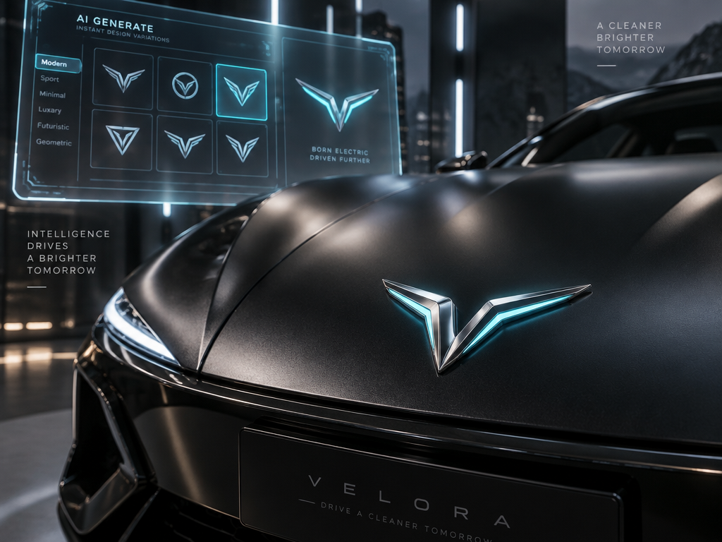 AI-powered car logo design transformed into an illuminated luxury chrome vehicle emblem mockup