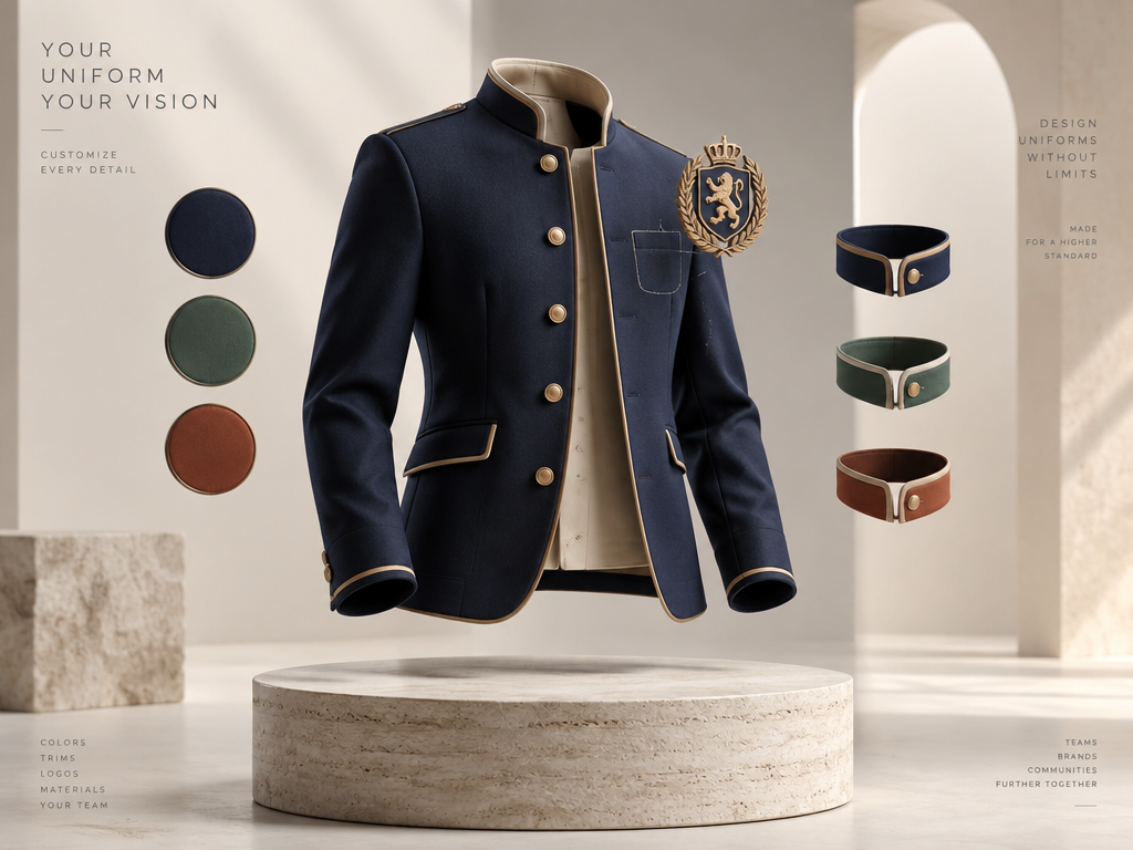 Online uniform designer tool customizing colors, logos, and modular styles to create unique branded attire using AI uniform generator