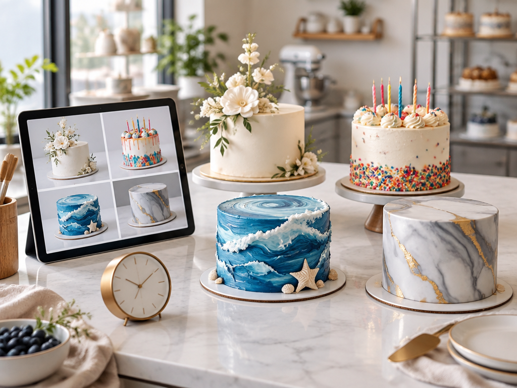 AI Cake Generator quickly creates realistic renderings of various wedding, birthday, and creative cake design concepts
