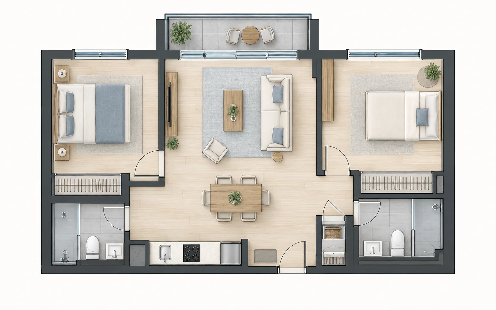 Illustrative 90 sqm apartment floor plan with two bedrooms, two bathrooms, and a balcony