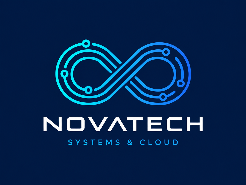 A minimalist 2D vector IT image Logo design featuring quantum infinite data flow and circuit nodes on a deep blue background card, showcasing a professional technology logo that can be generated without design experience.