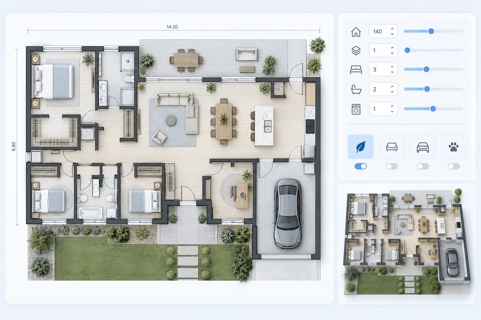 Illustrative input controls beside a house floor plan