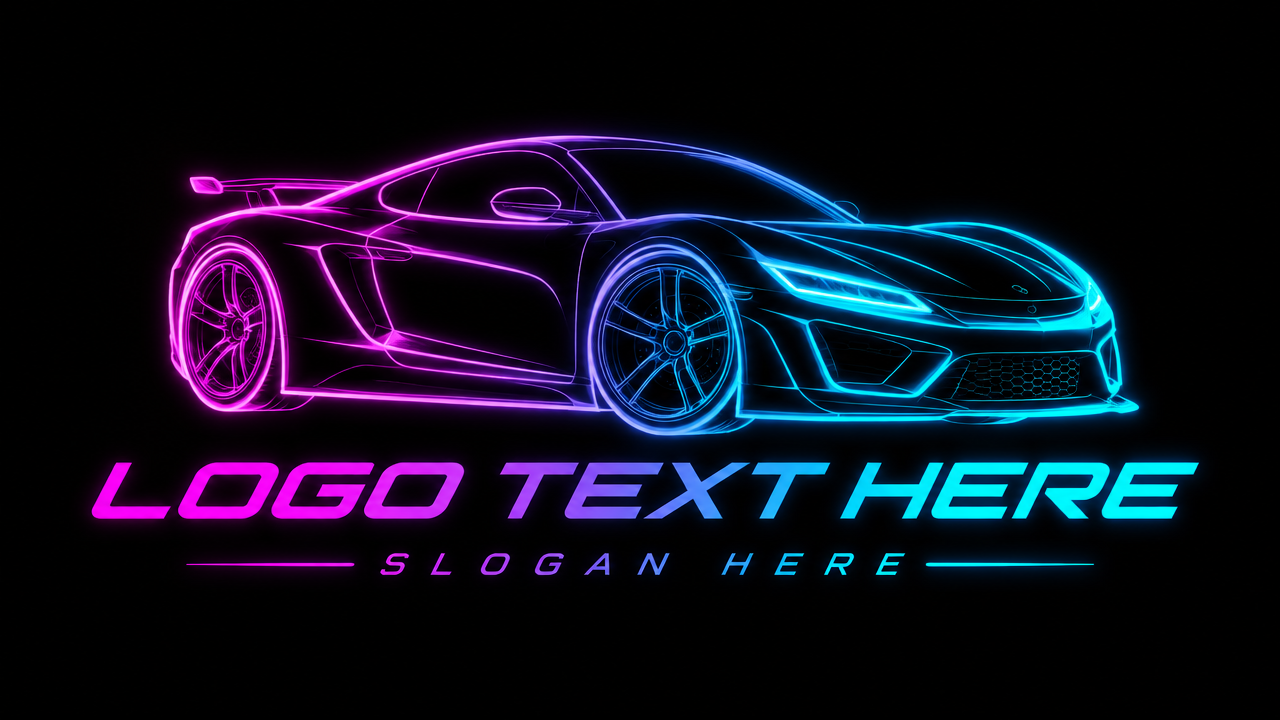 Glowing neon contour wireframe sports car logo
