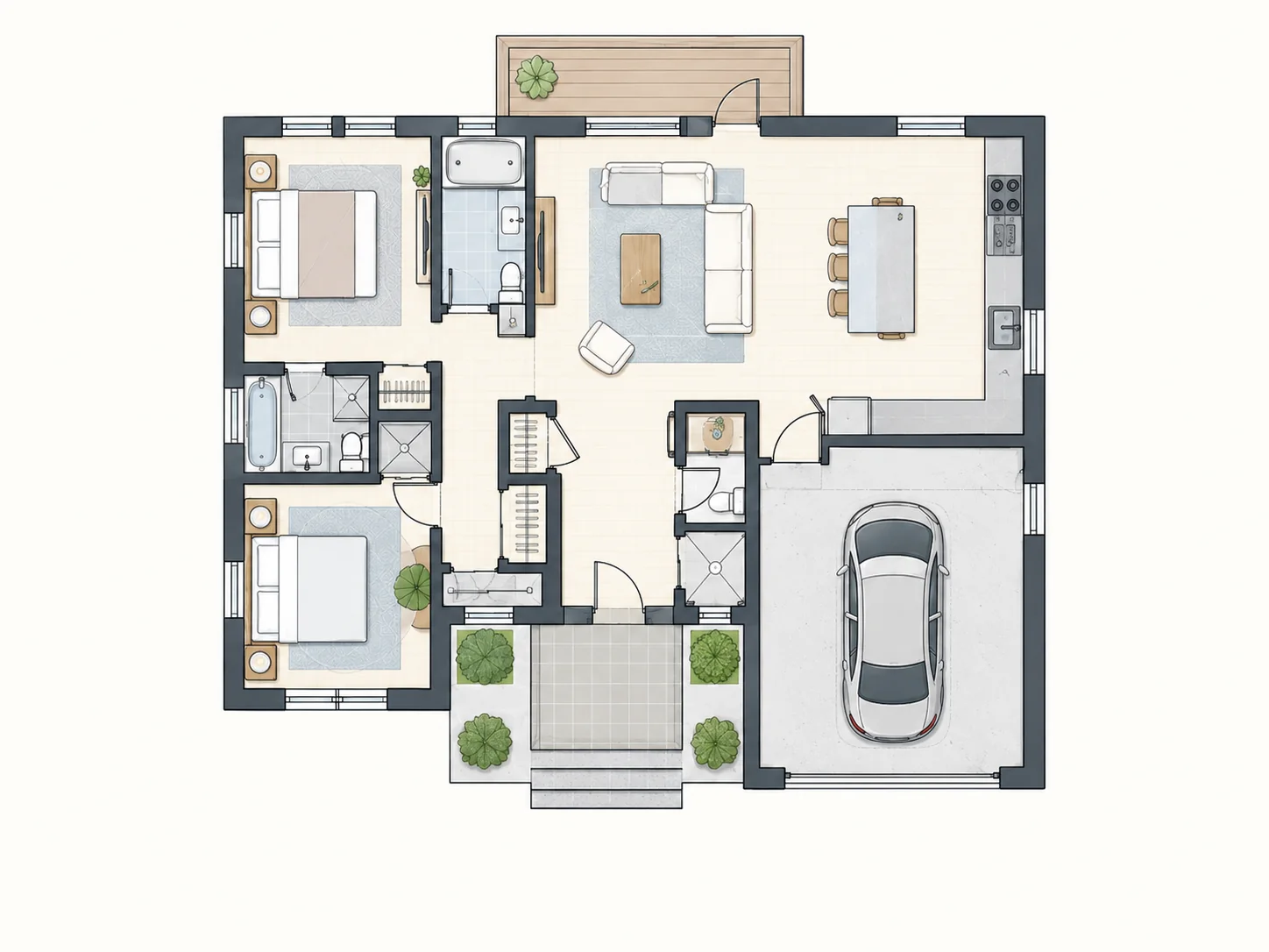 Top-down family house floor plan with garage