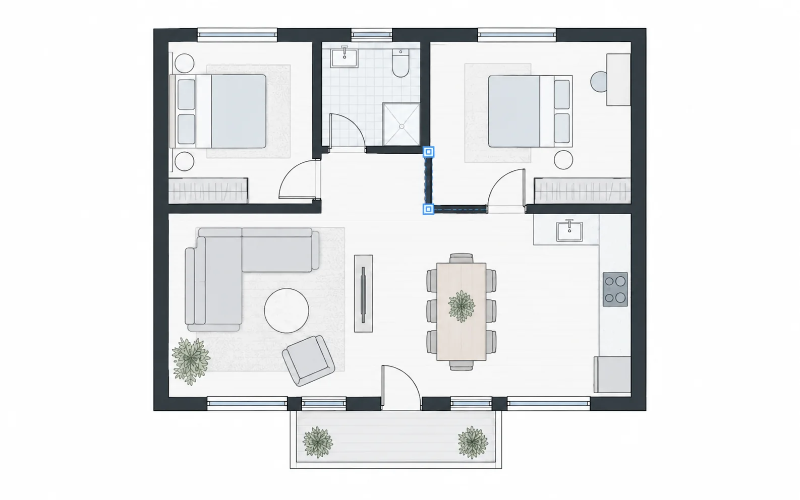 Illustrative two-bedroom apartment plan after a layout edit
