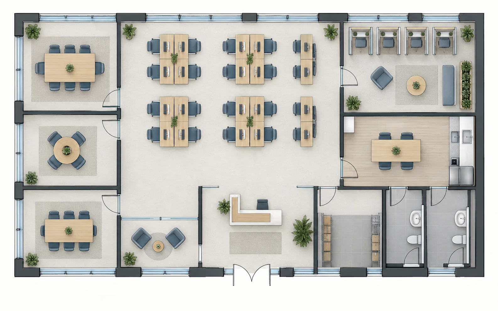 Illustrative 220 sqm office floor plan with workstations, meeting rooms, reception, and break room