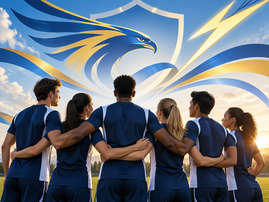 On the sunny grassland, an amateur sports team wearing solid-colored jerseys is surrounded by abstract flowing light illustrations of flying eagles and lightning, symbolizing the team's identity, speed and unity.