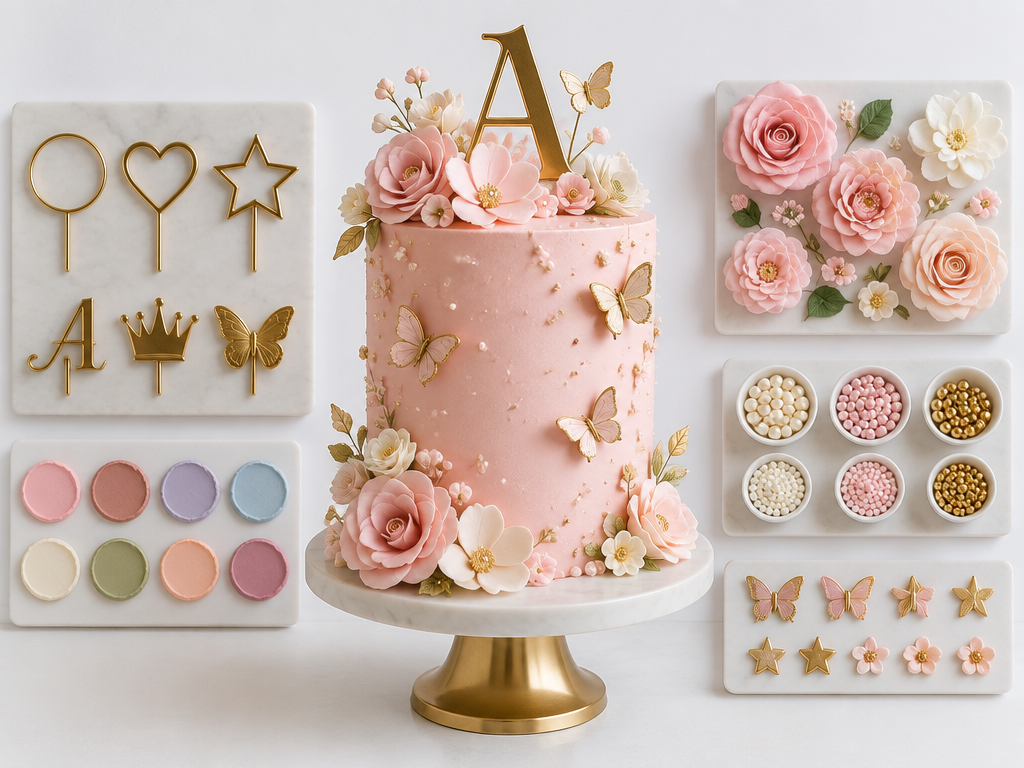 Custom pastel birthday cake with toppers, flowers, pearls, and decorations.