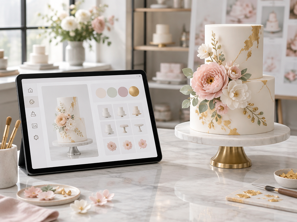 Cake design workspace with tablet interface, elegant two-tier cake, pastel flowers, gold details, premium food photography.