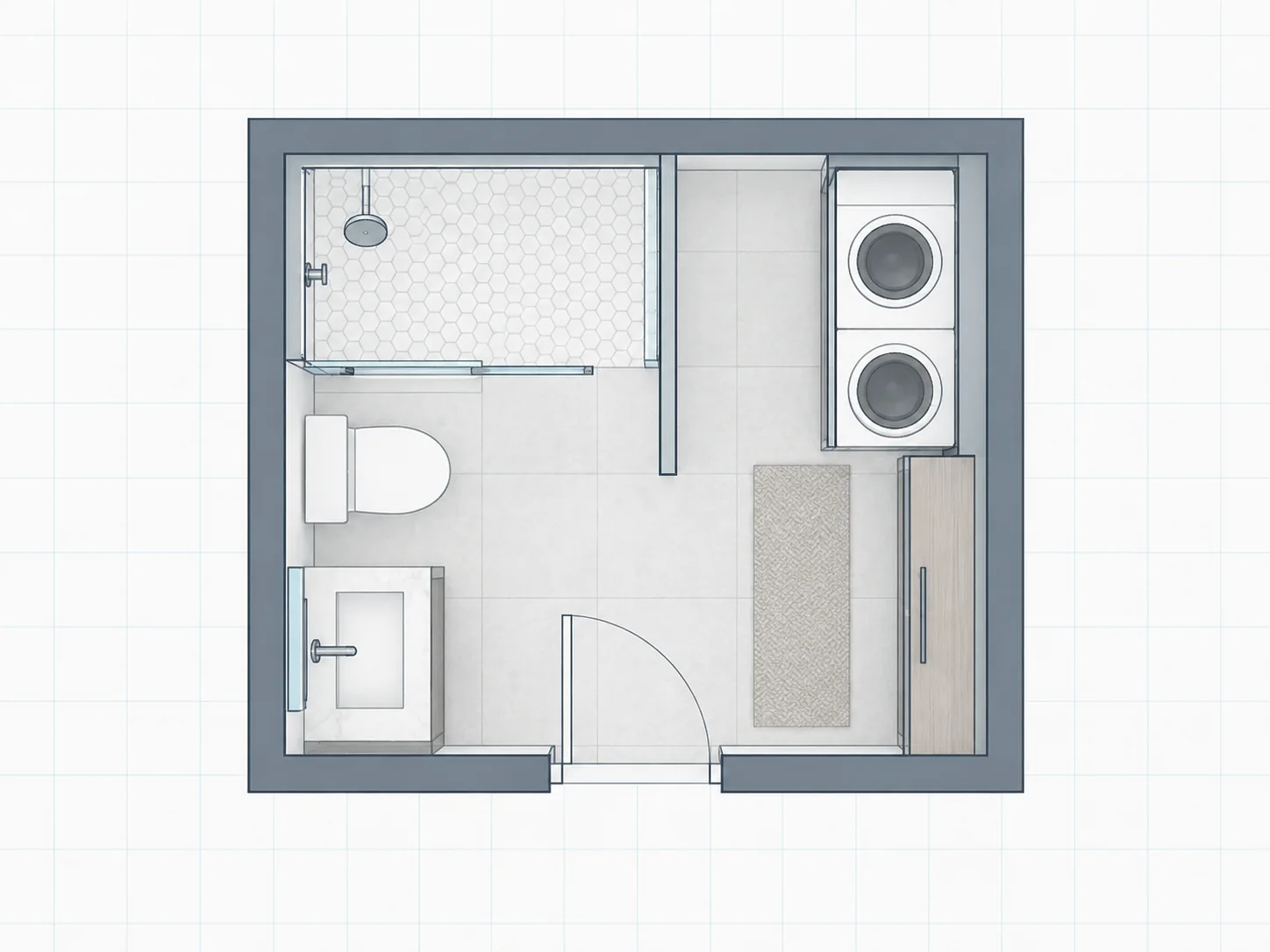 Illustrative bathroom and laundry floor plan with shower, vanity, toilet, and stacked appliances