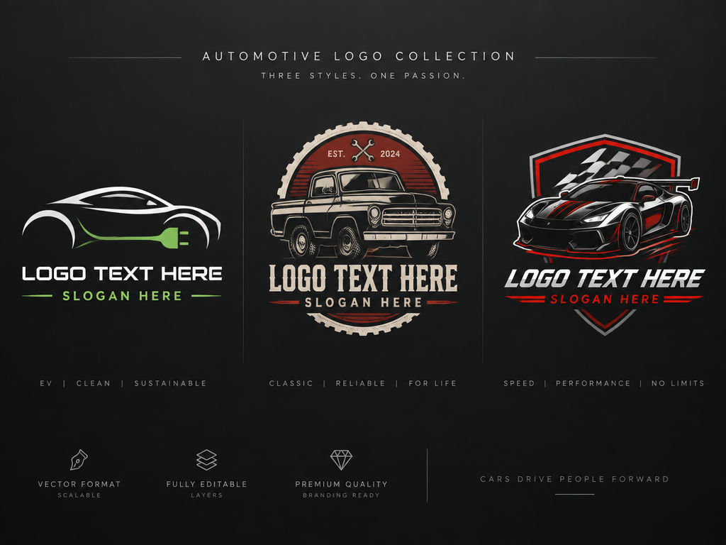 AI car logo design tool showcase featuring diverse professional vehicle logo templates