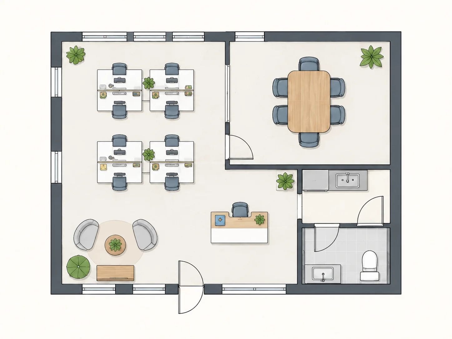 Top-down office layout with desks and meeting room
