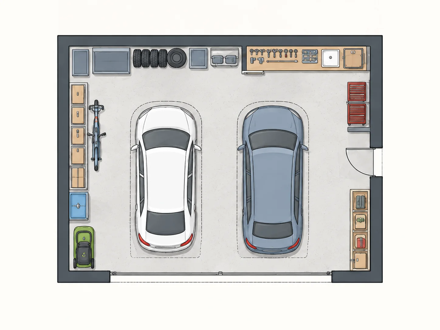 Top-down garage layout with storage