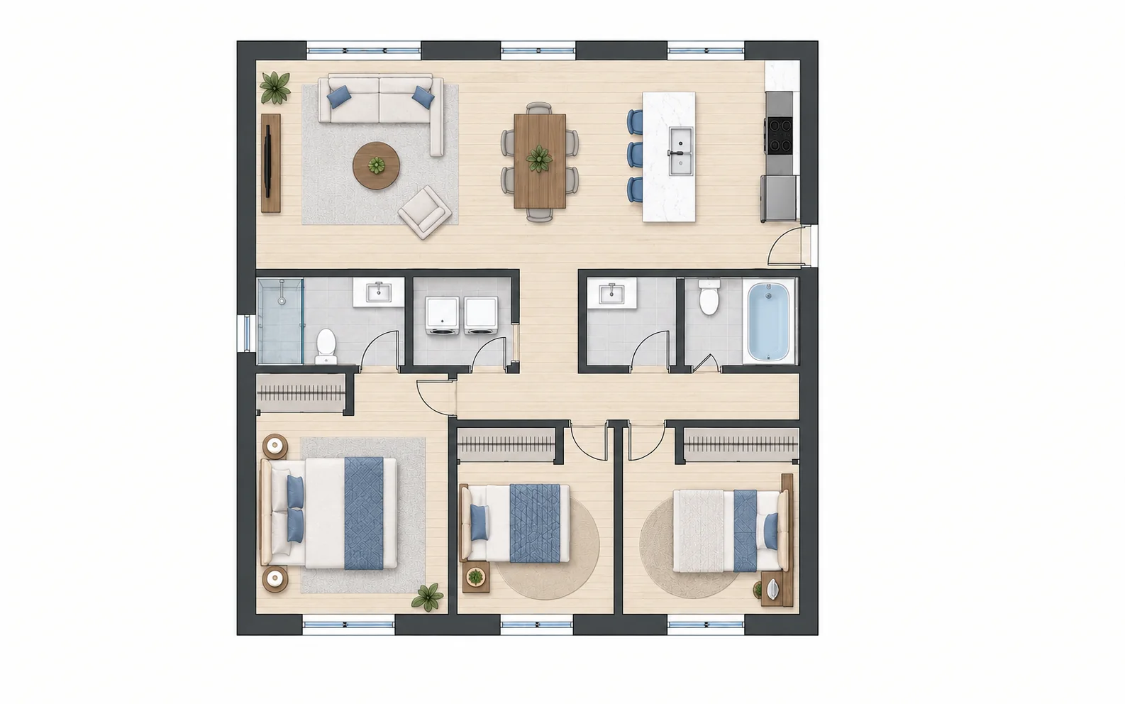 Top-down illustrative 2D plan of a three-bedroom home