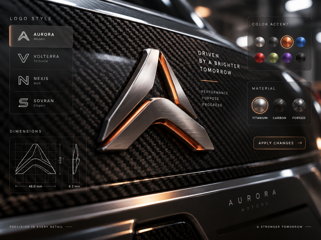 Custom car logo design generator showing personalized color palette and 3D metallic vehicle emblem mockup
