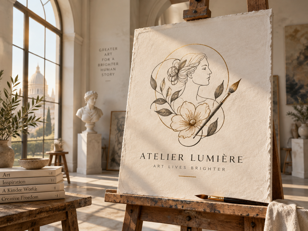 AI art Logo design scenario without design background: One-click generation of a professional art studio logo integrating classical sculpture and plant lines on the studio's drawing board.