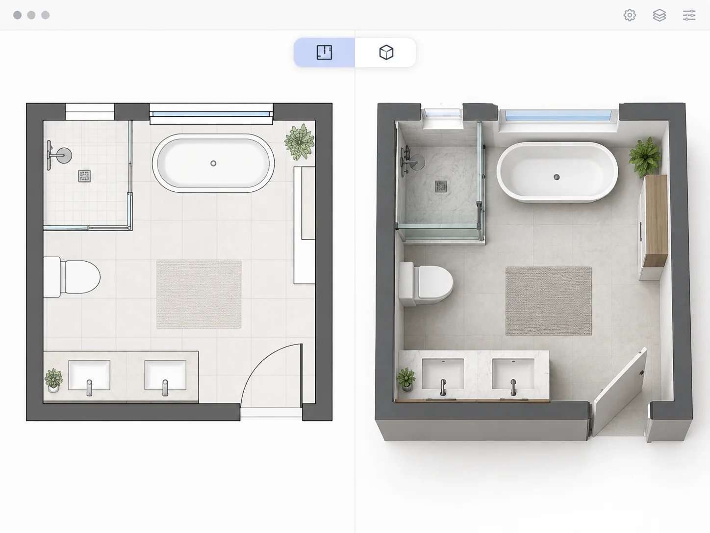 Illustrative 2D and 3D views of one bathroom plan