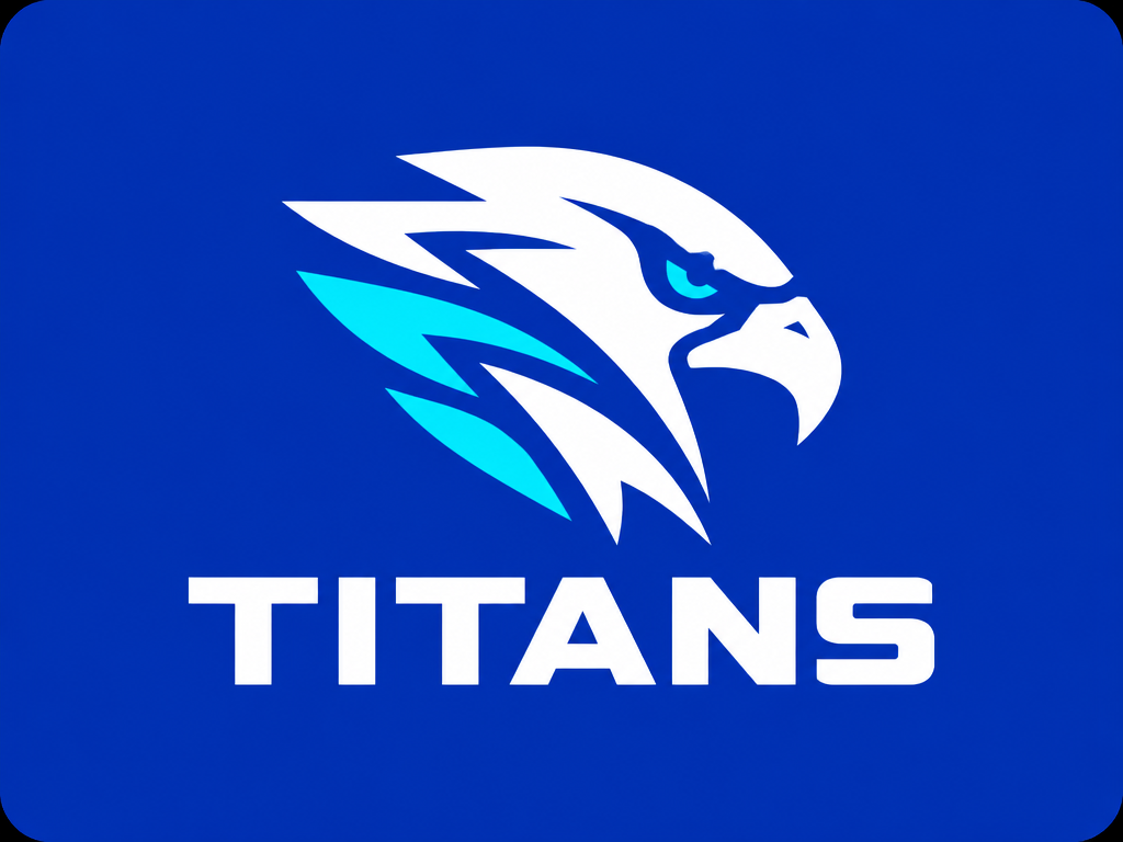A minimalist professional team Logo design card on a royal cobalt blue background, featuring a streamlined geometric eagle head vector icon and the white bold TITANS team name.
