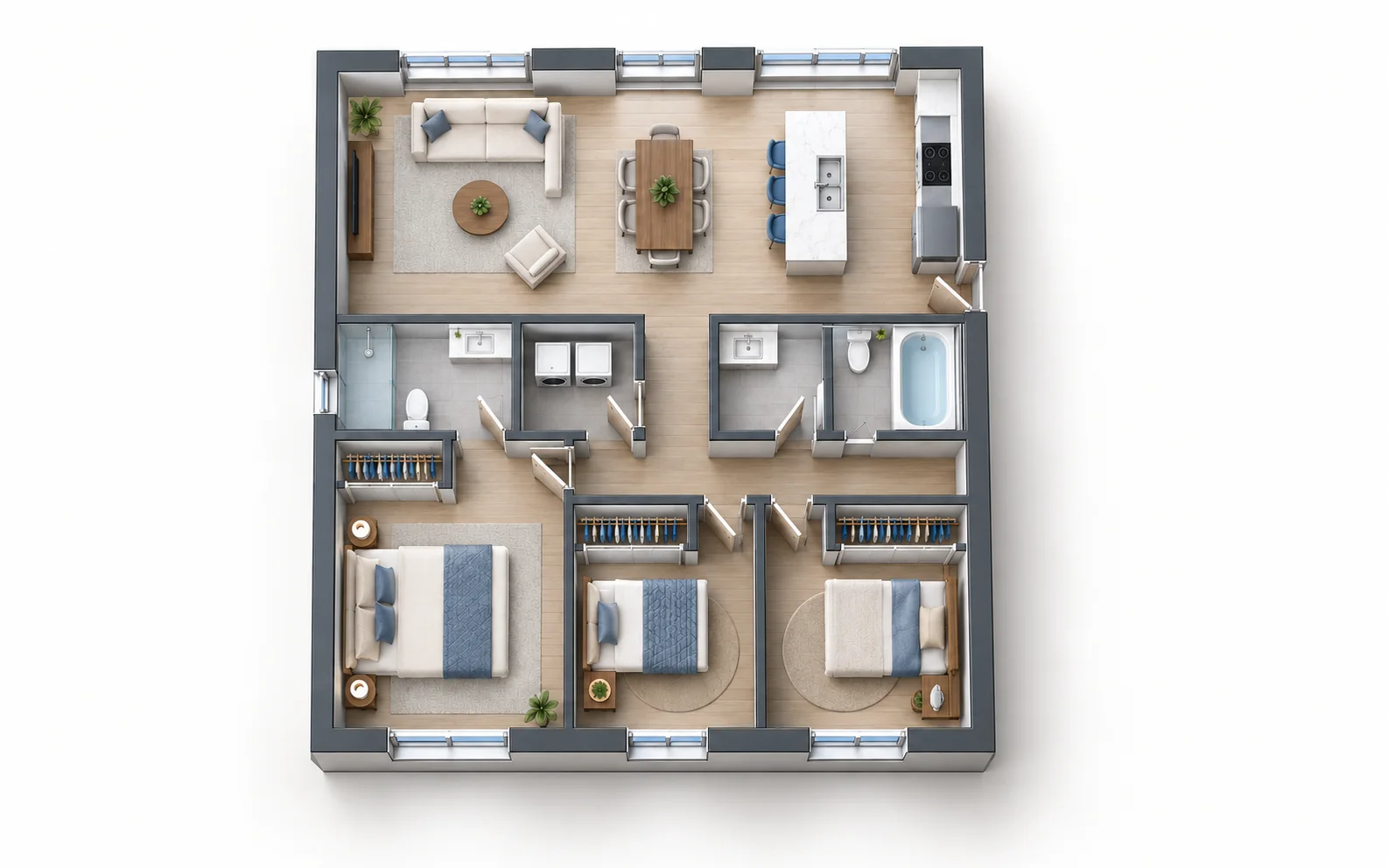 Illustrative top-down 3D view of the same three-bedroom home