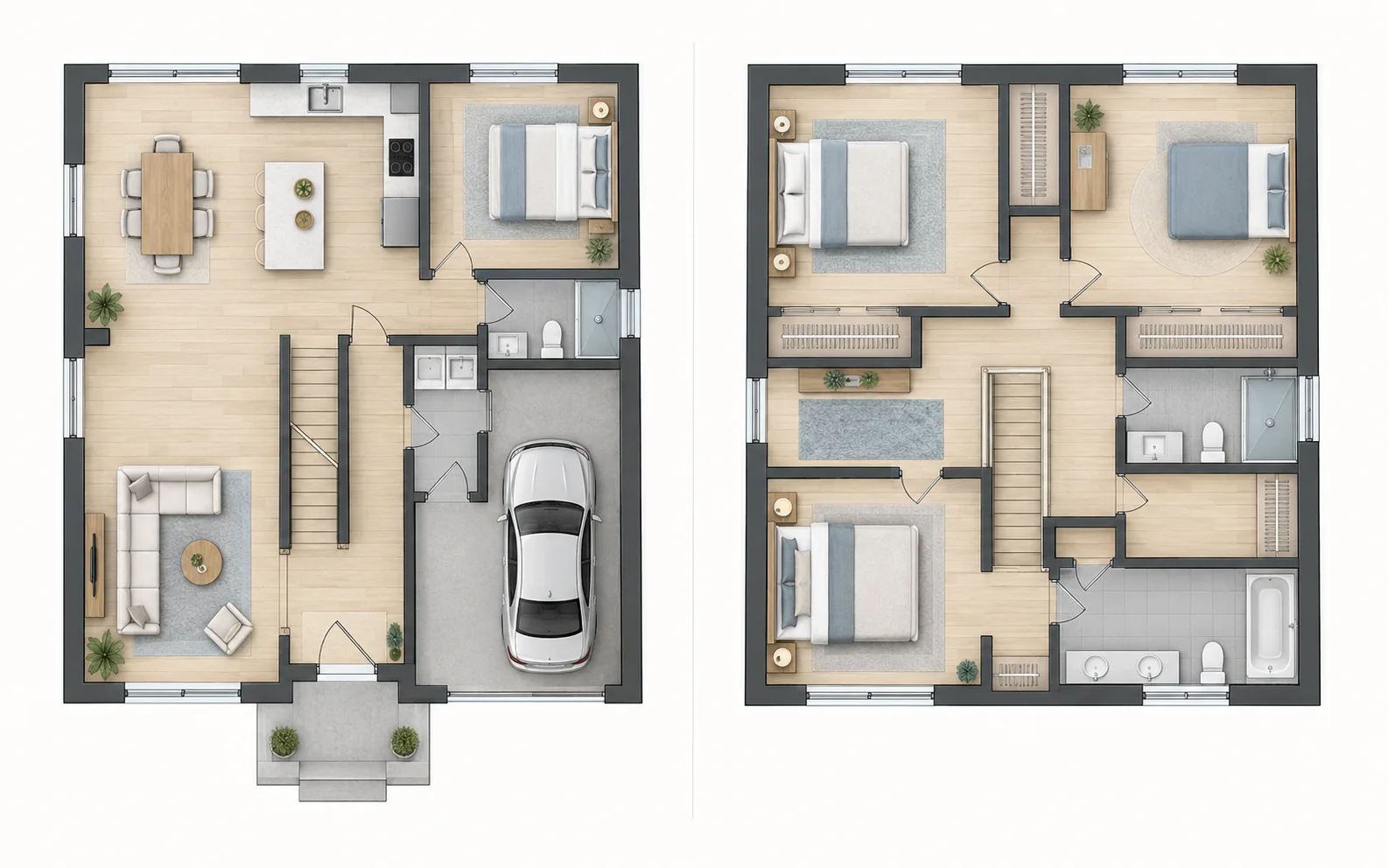 Illustrative ground and upper floor plans for a four-bedroom two-story house