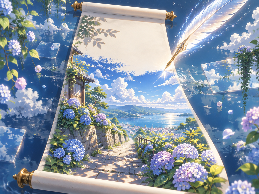 Floating minimalist anime scroll in tranquil space with a glowing quill creating a vibrant summer landscape, blooming hydrangeas, azure skies, cinematic sunbeams, and lush anime background scenery, high-end Kyoto Animation style digital painting.