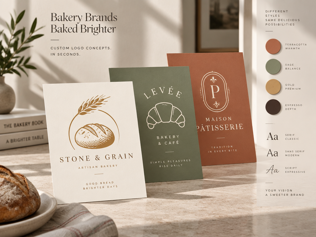 AI Quick Customization bakery Logo generator interface: Generate multiple bakery logo design schemes with different color schemes and ICONS within seconds and support free adjustment.