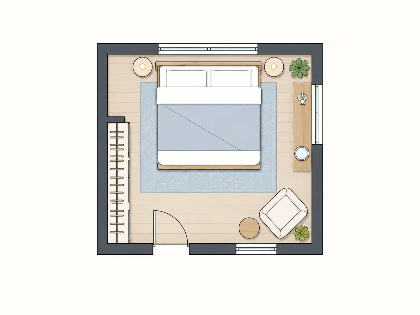 Top-down bedroom layout with bed and storage
