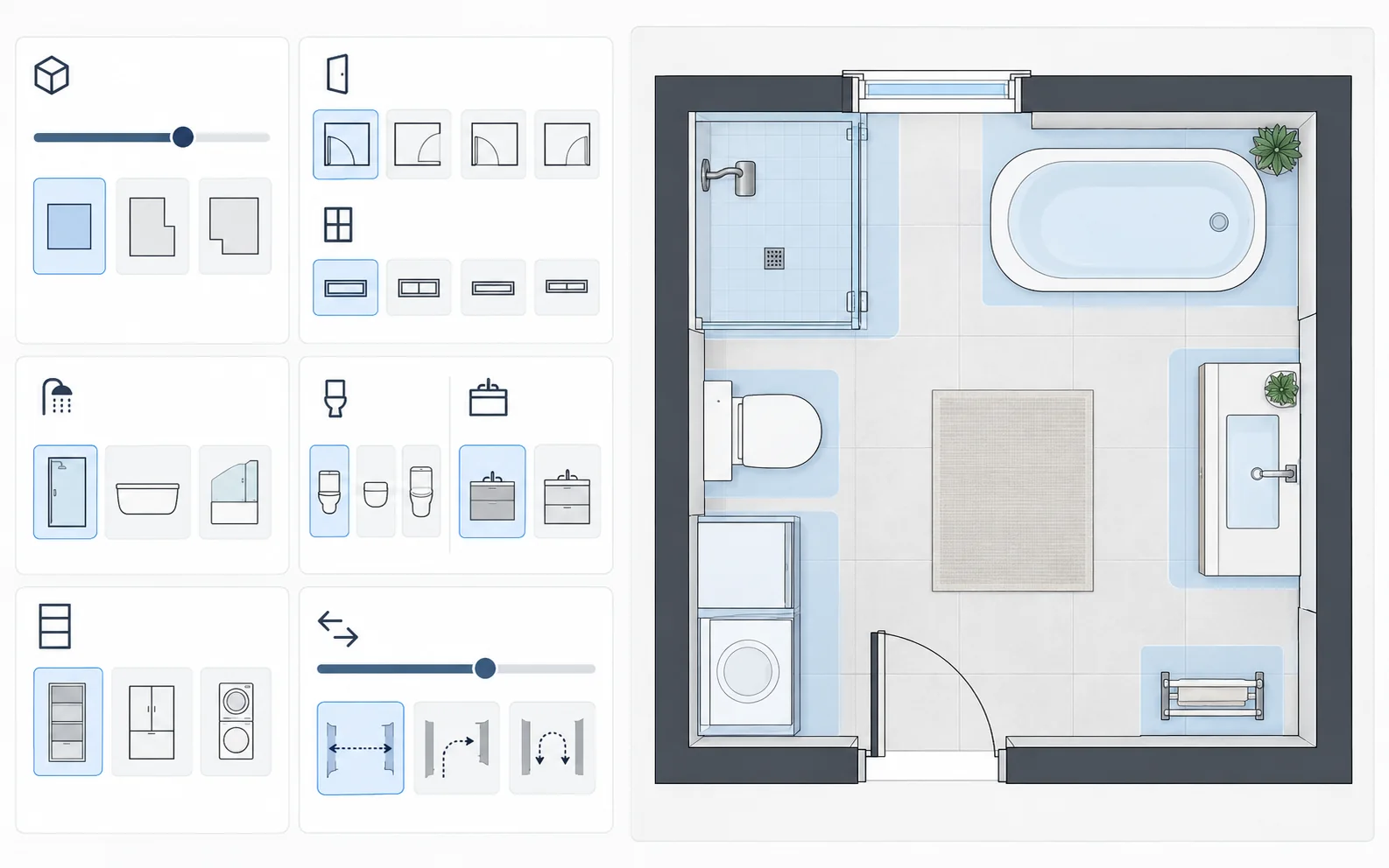 Illustrative bathroom input panel beside a top-down fixture layout