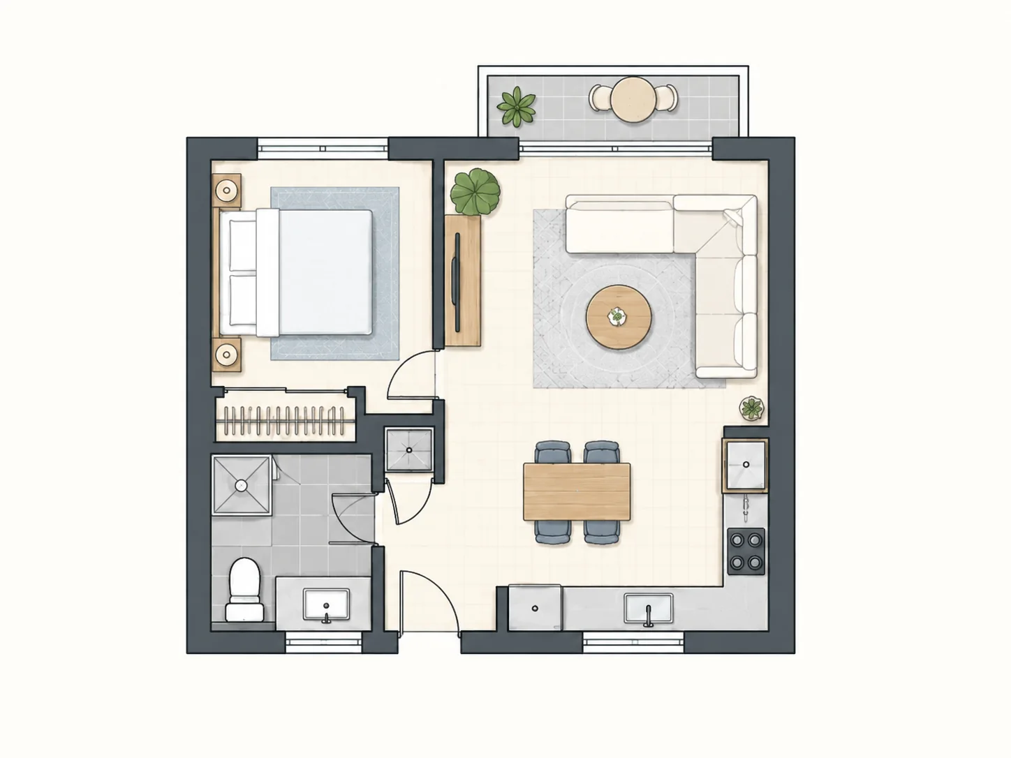 Top-down compact apartment floor plan with balcony