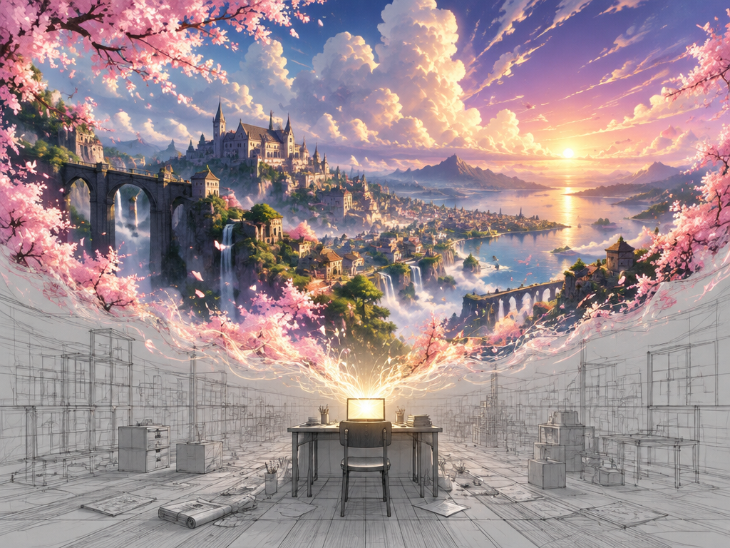 Visual metaphor of overcoming creative blocks using AI anime background generator, transforming rough sketches into vibrant anime scenery