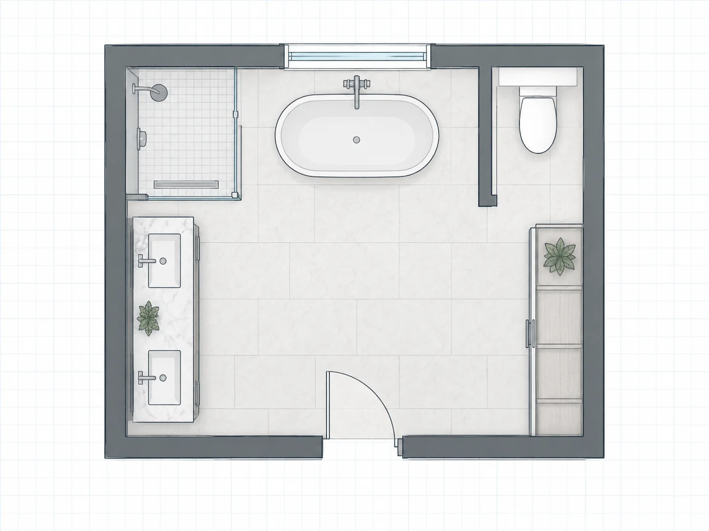 Illustrative 8x10 primary bathroom floor plan with tub, shower, double vanity, and storage