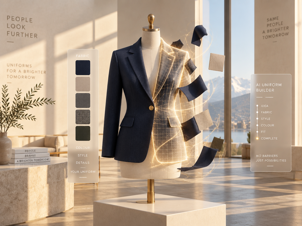 ntuitive AI uniform builder generating professional uniform designs on a digital mannequin without design expertise