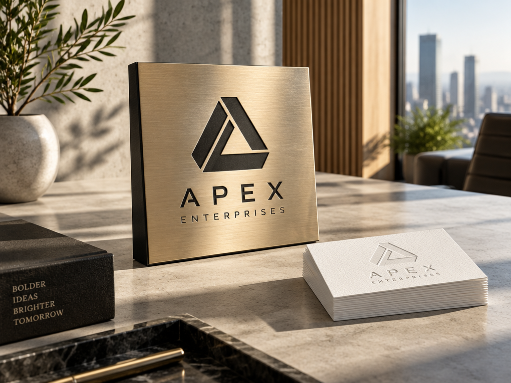 A comprehensive display of business Logo designs available immediately for start-ups: Metal nameplates and business cards engraved with exquisite geometric marks on the desk, saying goodbye to weeks of waiting for delivery in seconds.